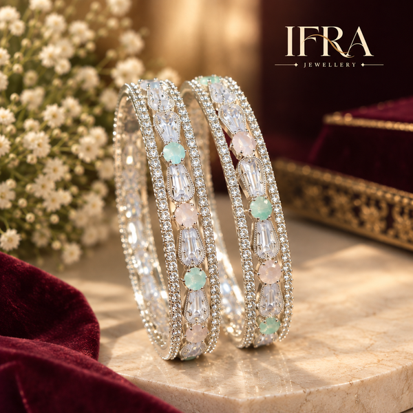 Elysia Silver Crystal Bangle Set of 2 | Elegant Minimal Bangles for Women