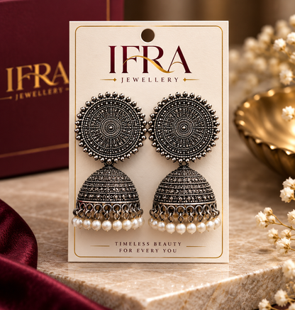 Oxidized Silver Jhumka Earrings with Pearl Drops | Traditional Statement Earrings