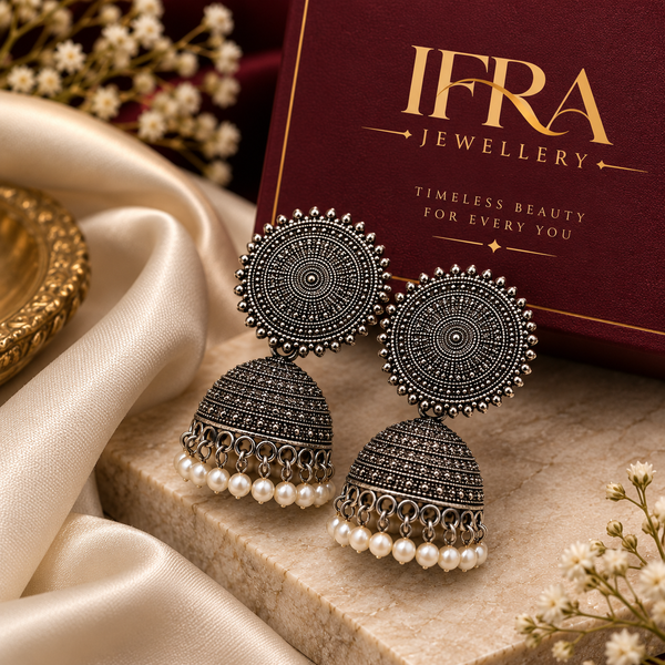 Oxidized Silver Jhumka Earrings with Pearl Drops | Traditional Statement Earrings