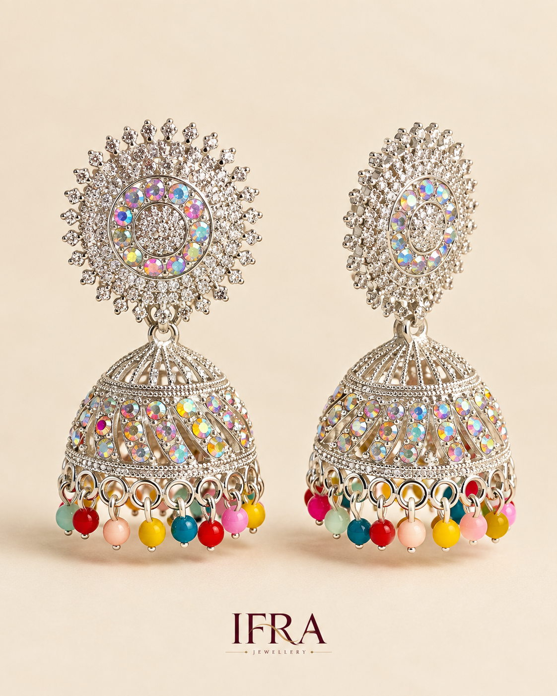 Ruhani Multicolour Crystal Jhumka Earrings | Silver-Tone Statement Earrings