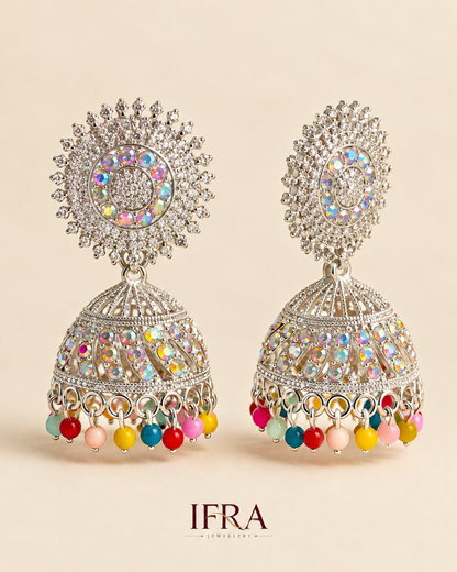 Ruhani Multicolour Crystal Jhumka Earrings | Silver-Tone Statement Earrings