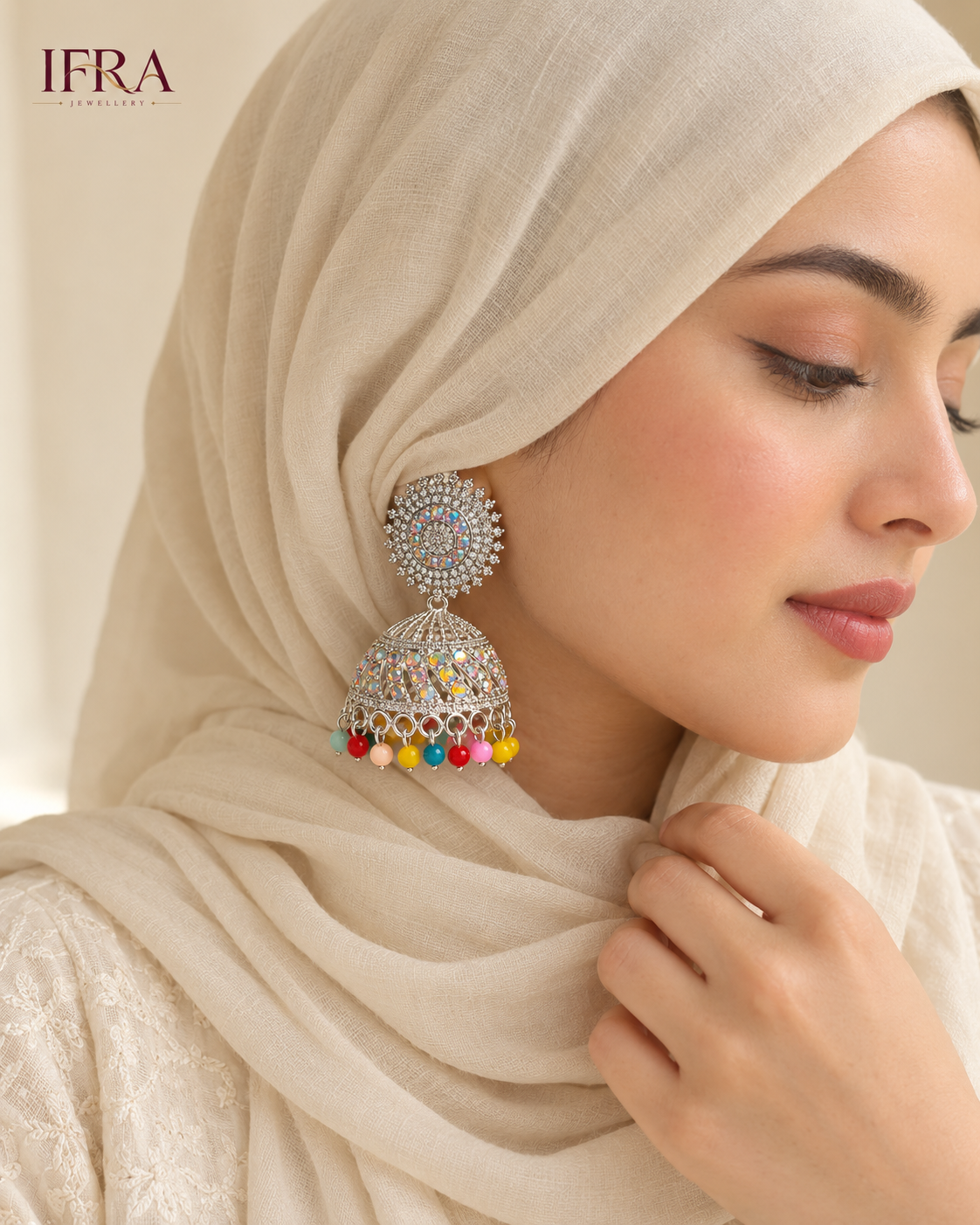 Ruhani Multicolour Crystal Jhumka Earrings | Silver-Tone Statement Earrings