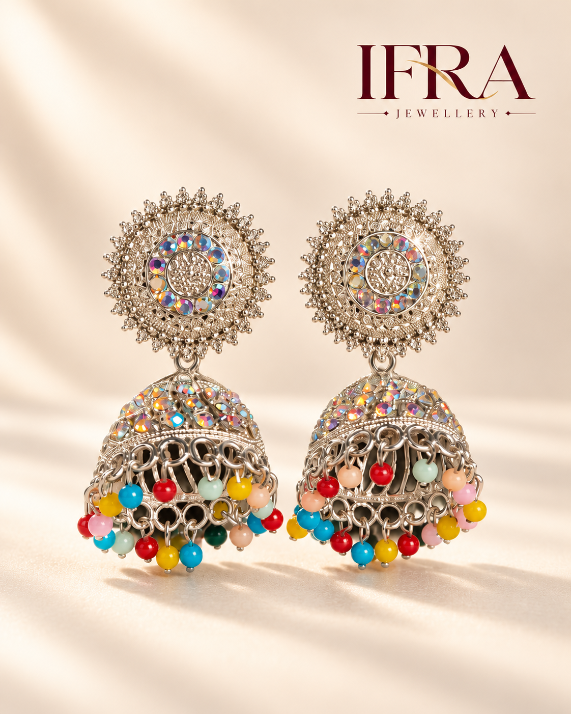 Ruhani Multicolour Crystal Jhumka Earrings | Silver-Tone Statement Earrings