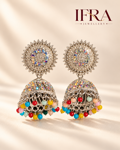 Ruhani Multicolour Crystal Jhumka Earrings | Silver-Tone Statement Earrings