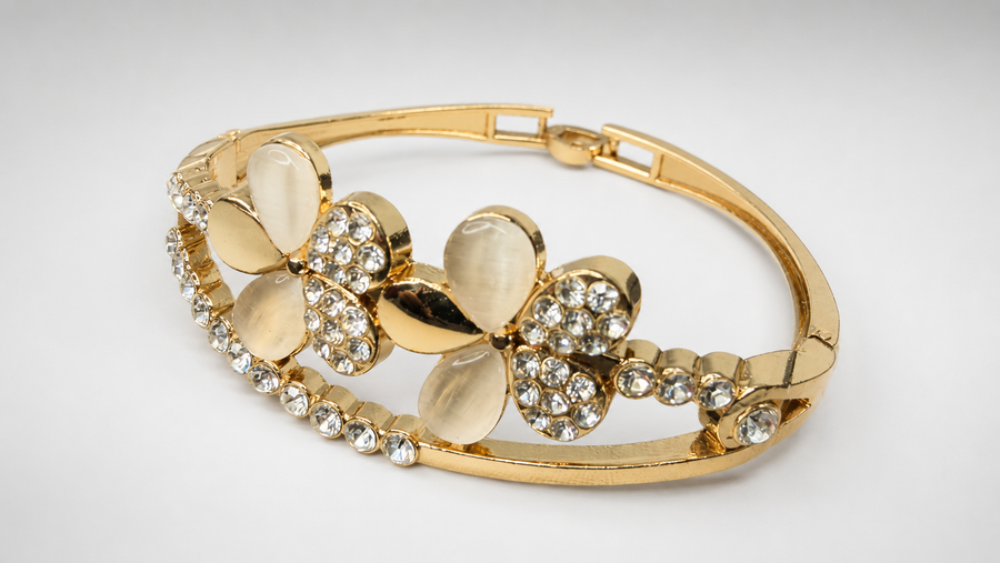Gold Cat's Eye Double Flower Charm Bracelet - View 1