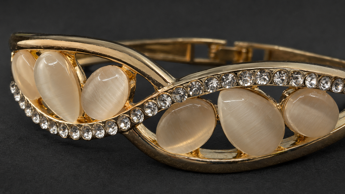 Gold Cat's Eye Marquise Leaf Wave Bracelet - View 2