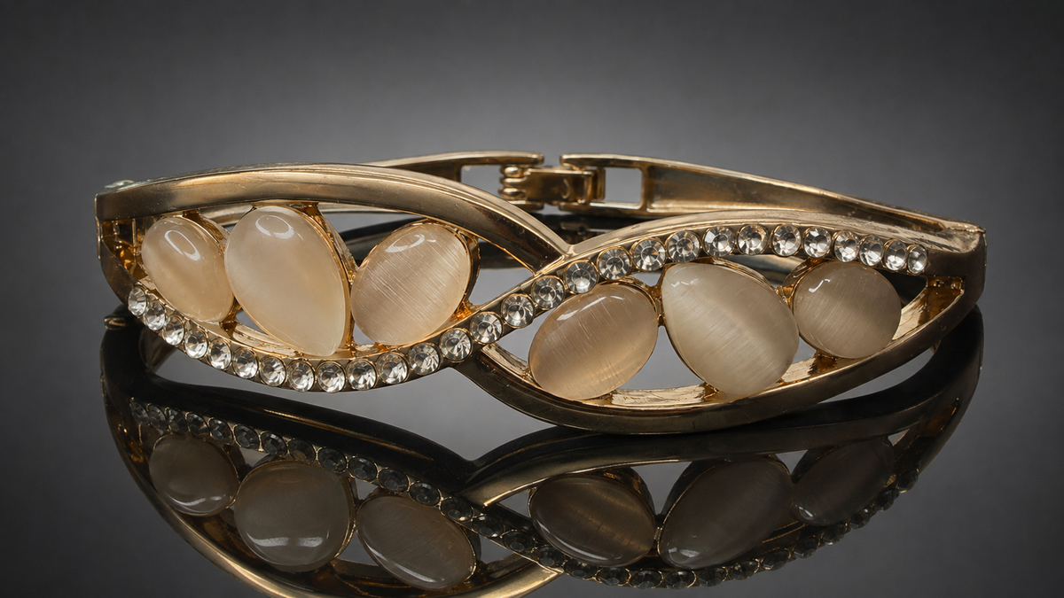 Gold Cat's Eye Marquise Leaf Wave Bracelet - View 3