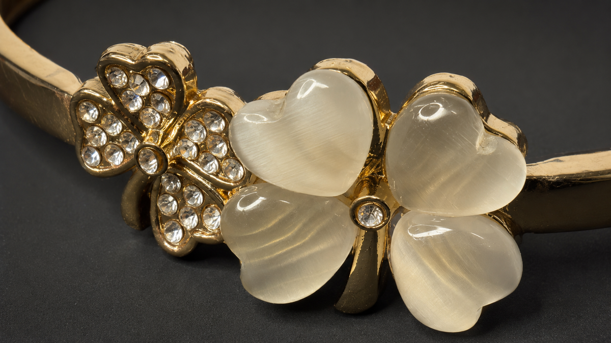 Gold Cat's Eye Heart Clover Bracelet - View 2