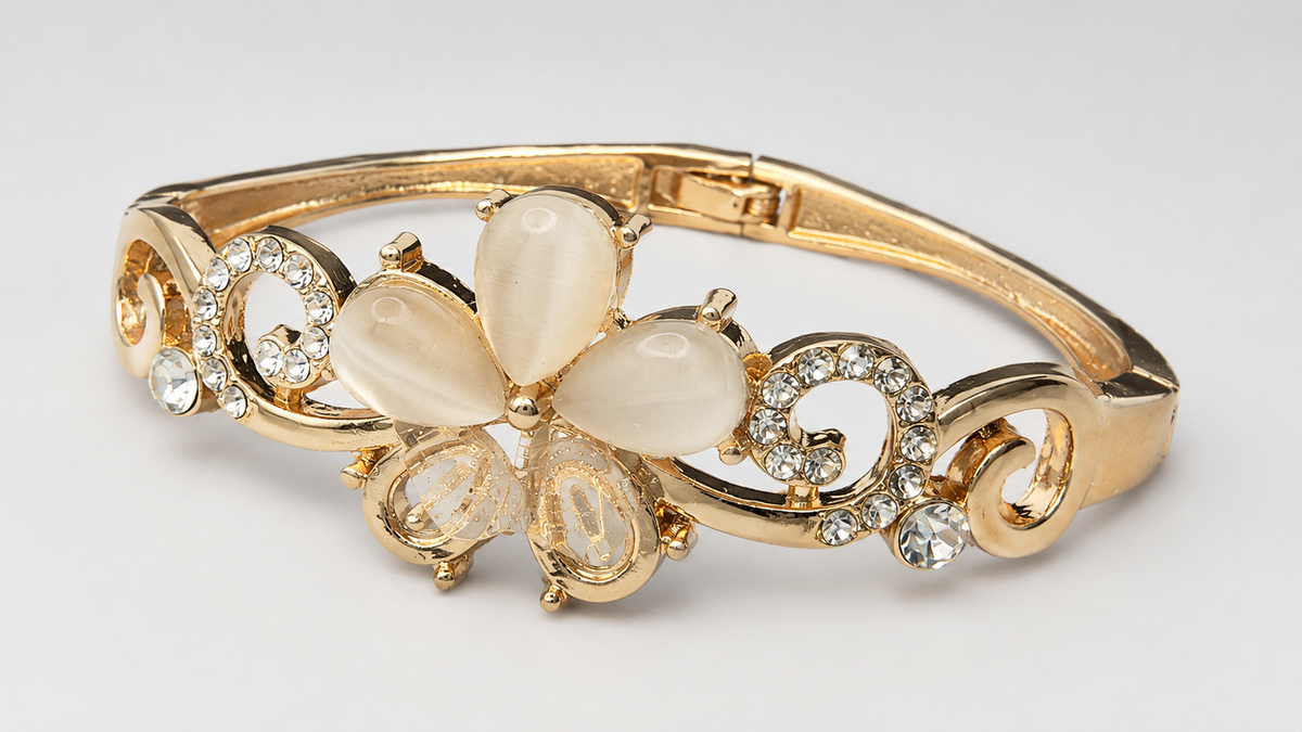 Gold Cat's Eye Flower Filigree Bracelet - View 1
