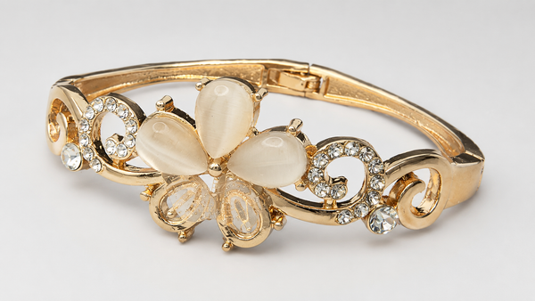 Gold Cat's Eye Flower Filigree Bracelet - View 1