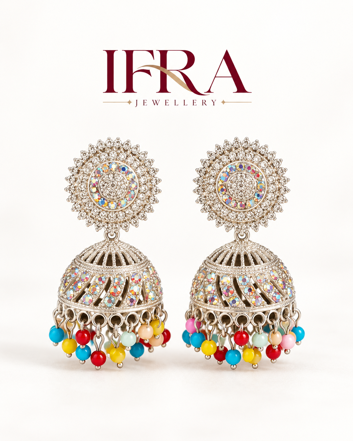 Ruhani Multicolour Crystal Jhumka Earrings | Silver-Tone Statement Earrings