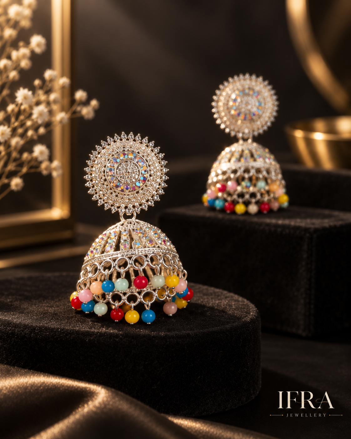 Ruhani Multicolour Crystal Jhumka Earrings | Silver-Tone Statement Earrings