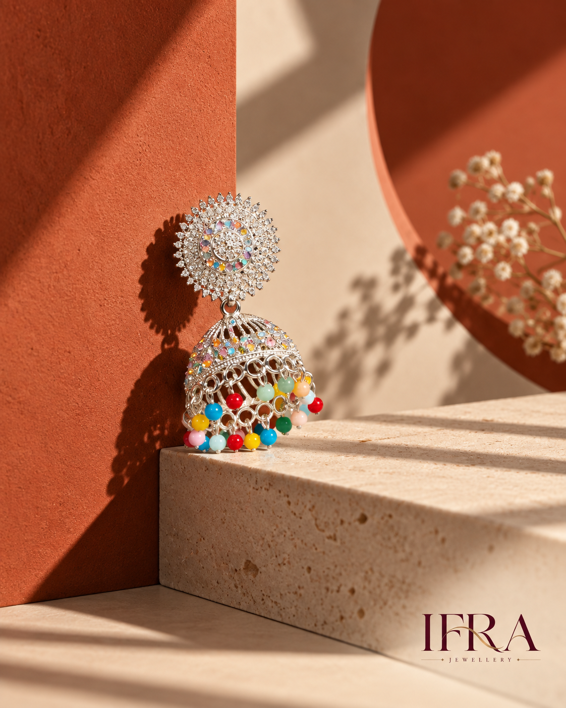 Ruhani Multicolour Crystal Jhumka Earrings | Silver-Tone Statement Earrings