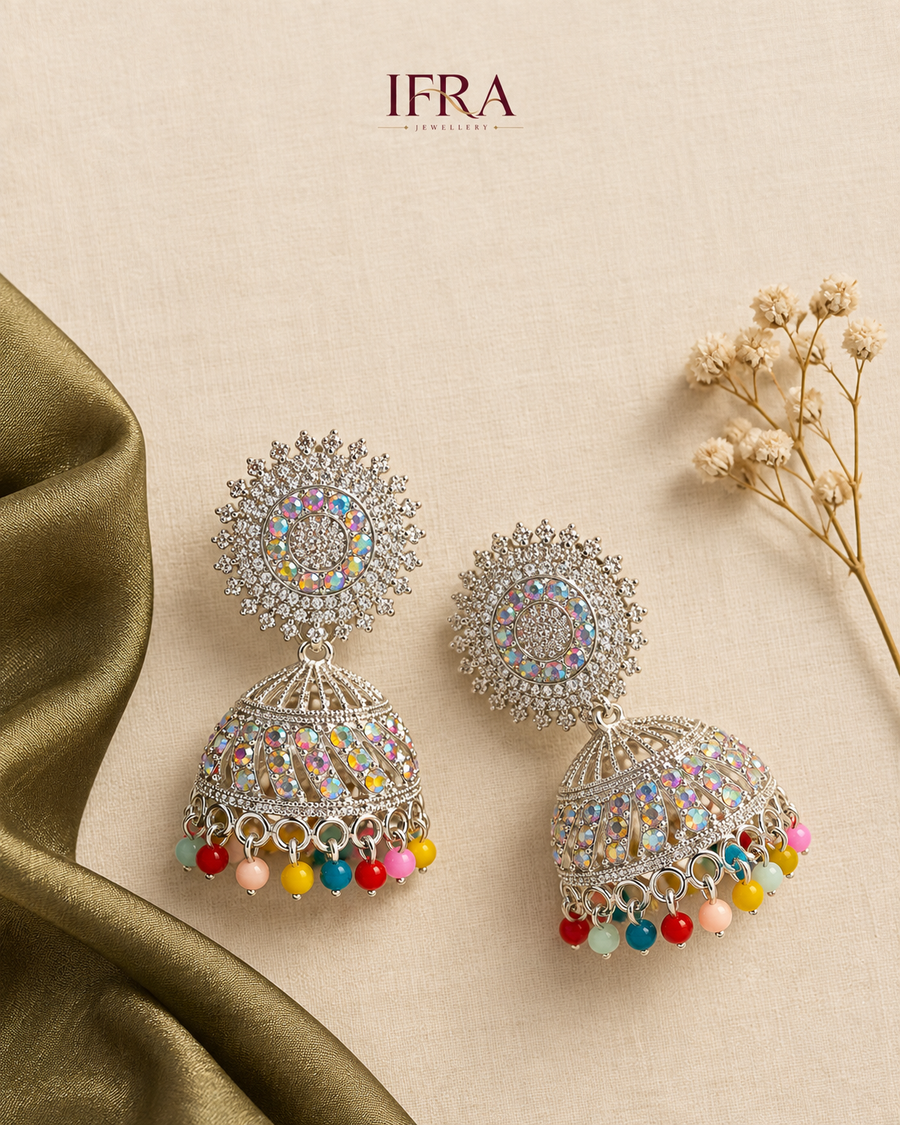 Ruhani Multicolour Crystal Jhumka Earrings | Silver-Tone Statement Earrings