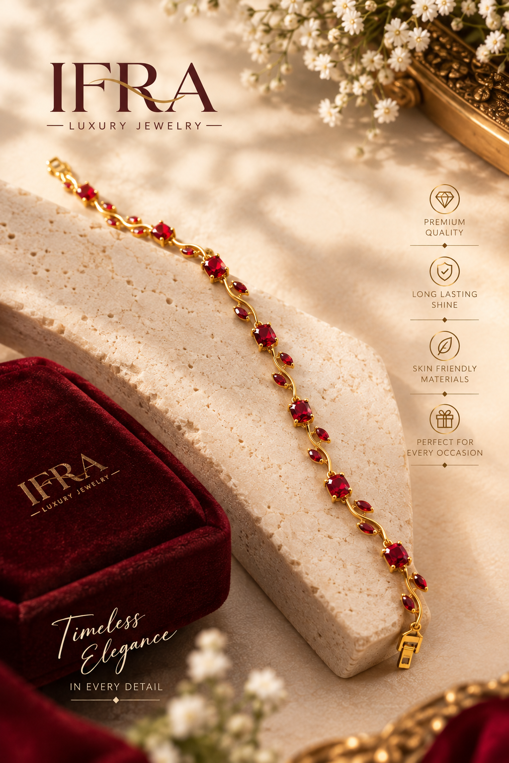 Aurelia Ruby-Red Vine Bracelet | Gold-Tone Statement Bracelet for Women